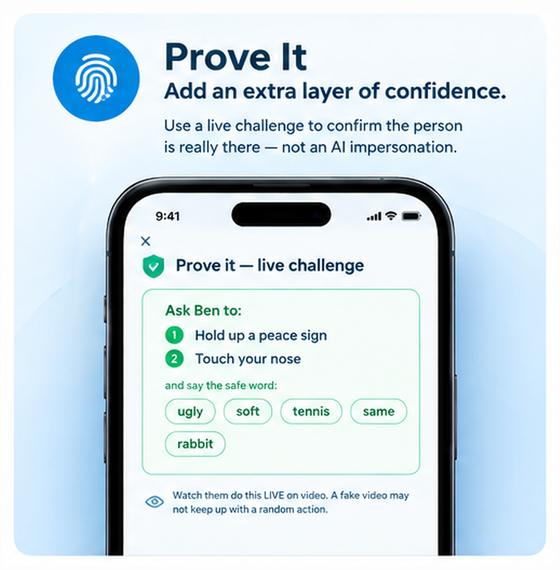 Prove It live challenge asking a caller to hold up a peace sign and touch their nose, plus the safe word