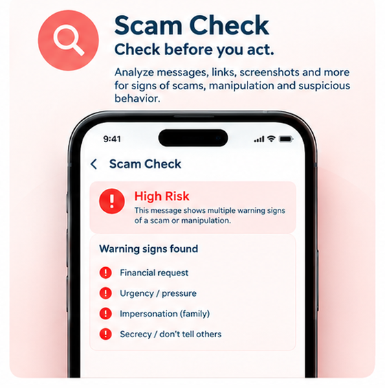 AI Scam Check flagging a suspicious message as High Risk with the warning signs found