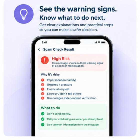 Warning signs of a scam explained in the app